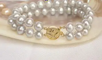 

Free Shipping >> Genuine 8" 2row 9mm round Gray freshwater pearls bracelet j6787