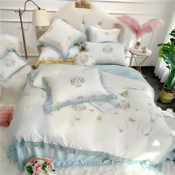 

2019 New Product Butterfly Embroidery 4 Pcs Bedding Set tencel Bedclothes light Blue Bed Linens Duvet Cover Set Bed Sheet