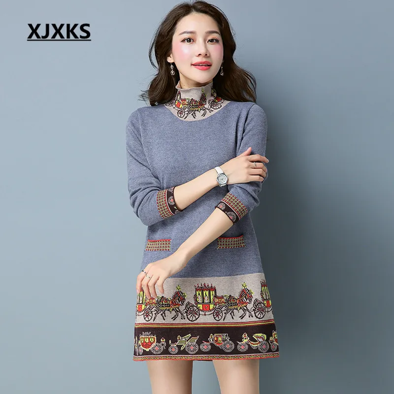 

XJXKS Carriage Pattern Fake Pockets Woman Pullover And Sweaters Dress M-XL Turtleneck Casual Women Long Sweaters