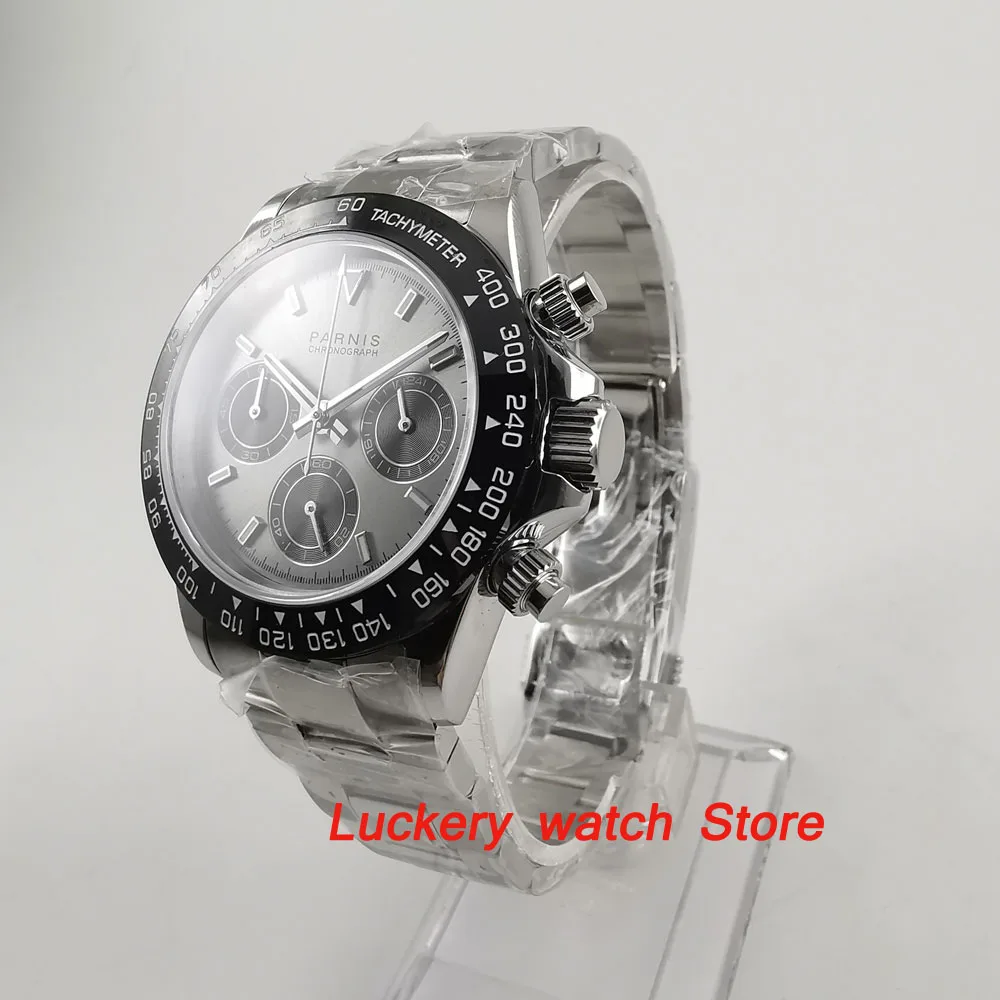 Parnis 39 мм хронограф светящиеся часы с сапфировым стеклом черный ободок кварцевые мужские watch-PQ02
