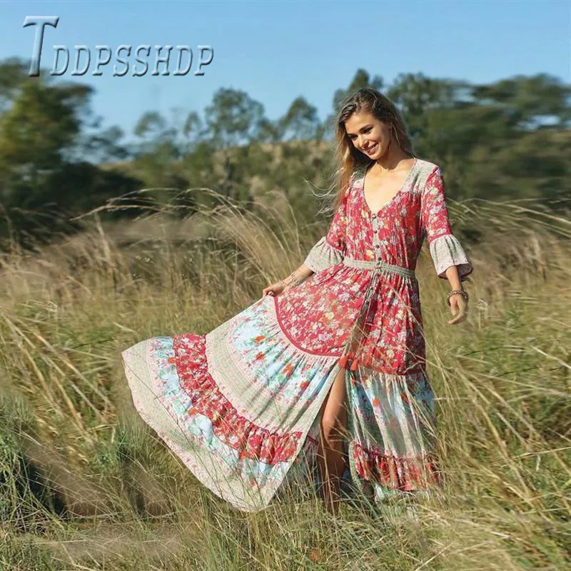 

2019 Rose Print Women Dress V Neck Red Color Pleated Female Dresses