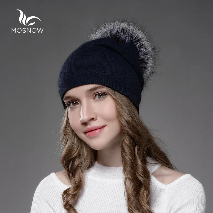 Шапки новые шерстяные зимние меховые шапки для женщин с помпонами из серебристого лисьего меха брендовая теплая Повседневная модная меховая женская шапка Skullies - Цвет: Navy Blue