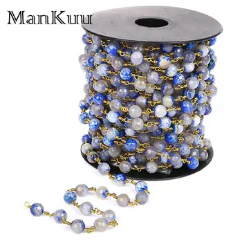 

Mankuu Handmade 6mm Dark Blue Agates Bead Chains For DIY Jewelry Making Gold Plating Lapis Lazuli Blue Bead Rosary Chains 1M/Lot