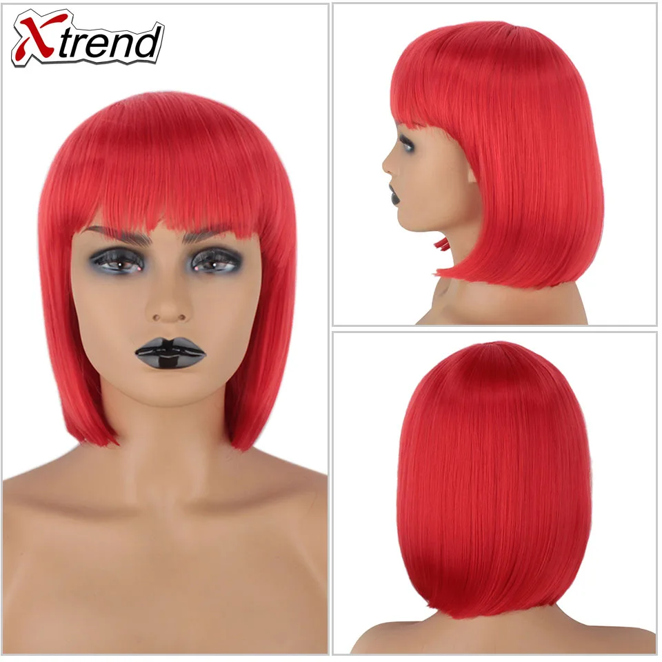 Xtrend Short Wig Perruque Wigs With Bangs For Black Women Peruca Synthetic Black Pink Grey Straight Hair Bob Style Pelucas