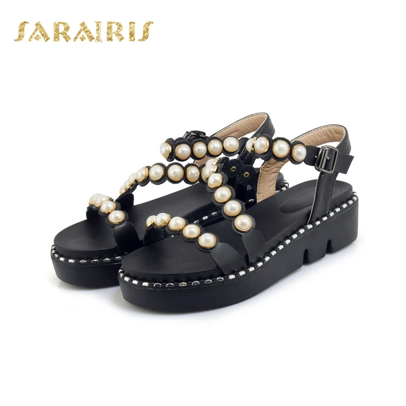 

SARAIRIS Larger Size 44 Faux Pearls Beaded Belt Strap Summer Shoes Woman Buckle Up Comfortable Platform Sandals Large Size 33-44