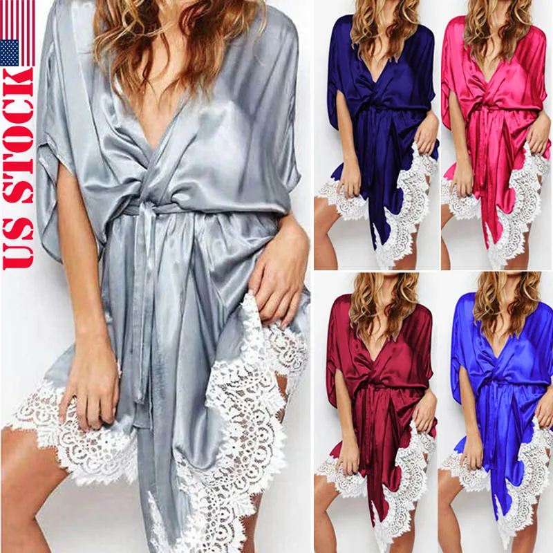 В наличии США для женщин пикантные женские кружево пижамы атлас Ночное белье Костюм сна веревка
