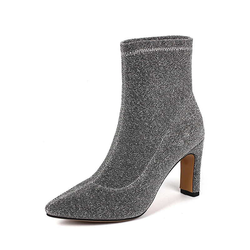 Dames Orteil Bottes À Minces Robe Chaussures Poined Cheville Talons Noir argent Paillettes Hauts Nouveau Femme Sexy Femmes Tissu odeCxrB
