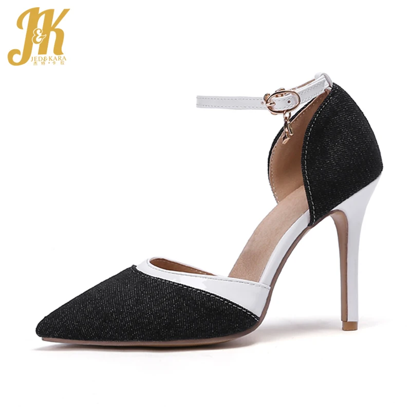 

JK Plus Size 47 Summer Ankle Strap High Heels Sandals Women Pointed Toe Footwear Fashion Party Female Sandal Denim Shoes Woman