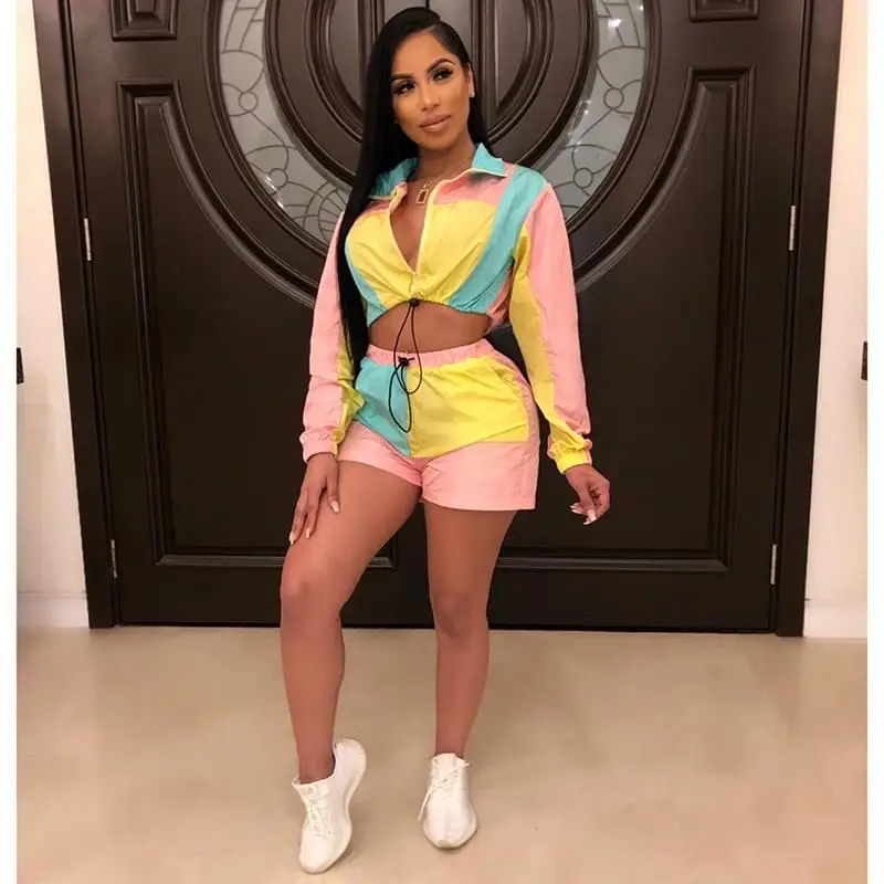 

2 Two Piece Set Women Summer Clothes Festival Crop Top Biker Shorts Suit Sexy Club Outfits Tracksuit Matching Sets Zipper Tops