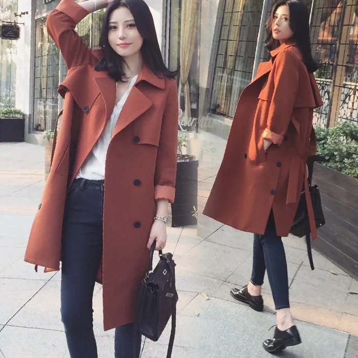 

The new 2017 double-breasted with ms accept waist long show thin solid color in the trench coat