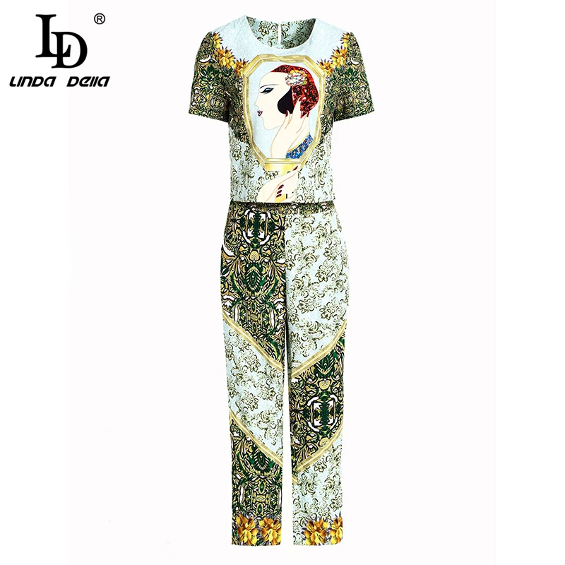 

LD LINDA DELLA Summer Fashion Vintage Suits Women's Short Sleeve Beading Tops and Elegant Floral Printed Long Pants 2 Pieces Set