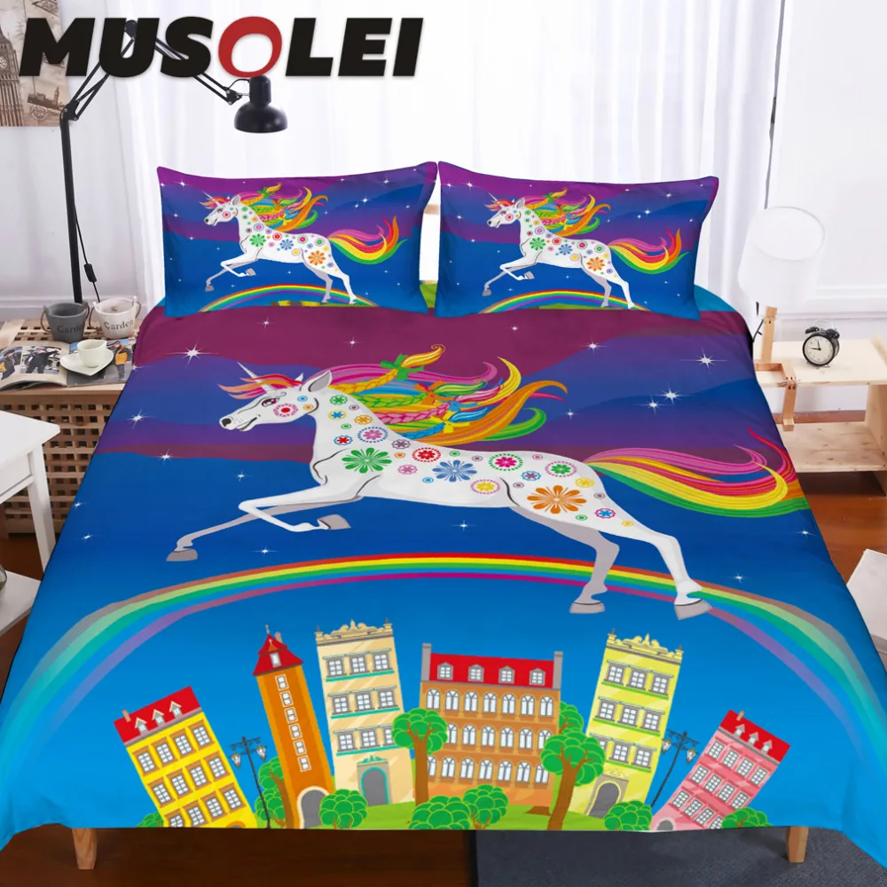 

MUSOLEI white unicorn with mane galloping in the sky over city and rainbow Bedding set,Duvet cover set Home Textiles 3pc