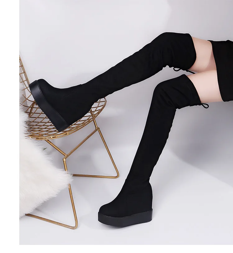 Женские сапоги выше колена на толстой подошве; изящные черные простые женские элегантные универсальные теплые сапоги с бантом; модная женская плюшевая обувь на платформе