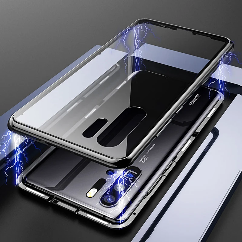 

Huawei P30 Pro Cases Magnetic Adsorption Metal Case For Huawei P30 Tempered Glass Phone Case For Huawei P30 Pro Clear Flip Cover