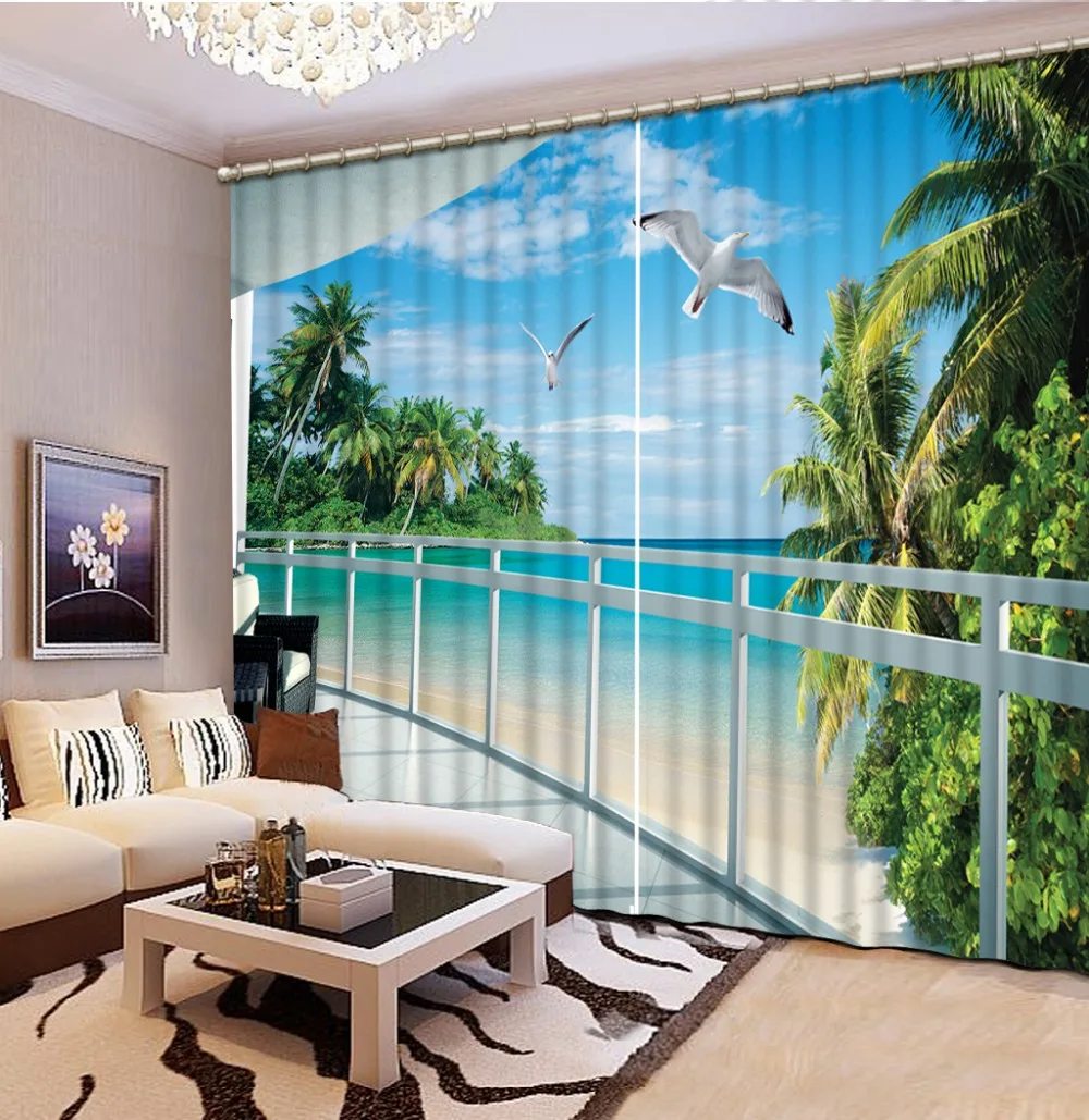 

Customize buyer size Fashion 3D Home Decor Beautiful seabeach 3D Window Curtains For Bedding room
