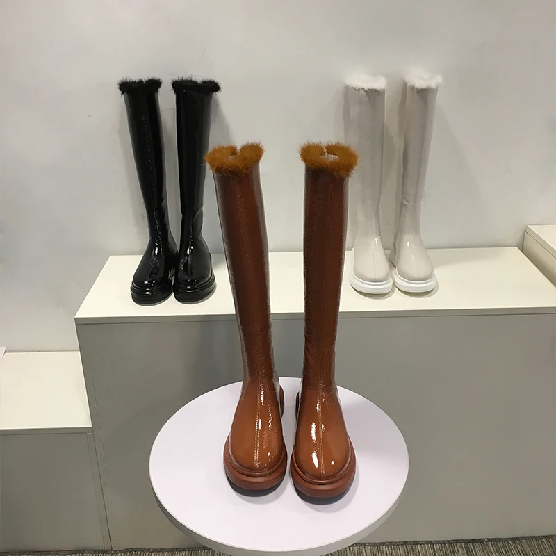 

Woman Boots Back Zipper Knee High Boots Short Plush Long Booties Warm Winter Brand Woman Shoes Patent Leather Chaussures Femmes