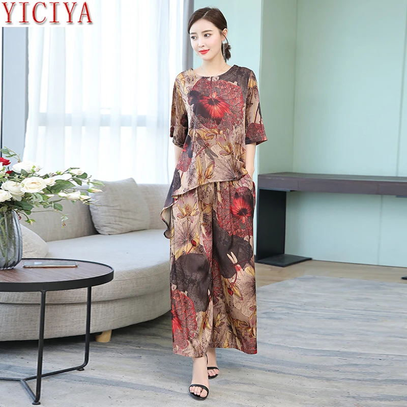 

Yellow Plus Size Large 2 Piece Set Women Co-ord Set Pant and Top 2019 Summer Outfit Tracksuit Loose Print Floral Long Clothing