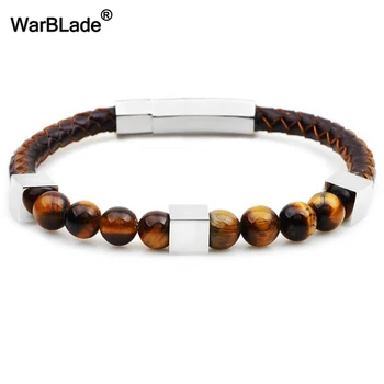 

WarBLade New Fashion Bracelet Natural Stone Beads Volcanic Tiger Eye Bracelets Braided Leather Stainless Steel Bracelets Bangles