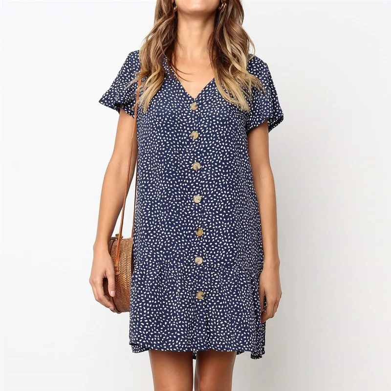 

Women Dresses Summer 2019 Bohemian Ruffled Dot Printed Button Dress V Neck Short Sleeve Casual Mini Dress Sexy Loose Beach Dress