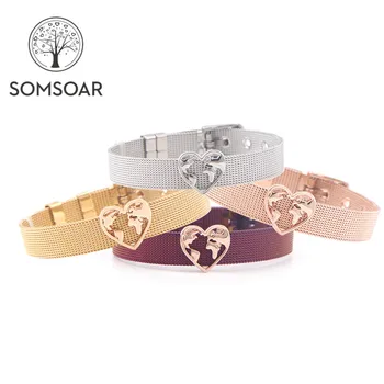 

Somsoar Jewelry Travel the world map Charm Mesh Bracelet Set Stainless Steel Heart Slide Charm Bracelet Bangle as Gift