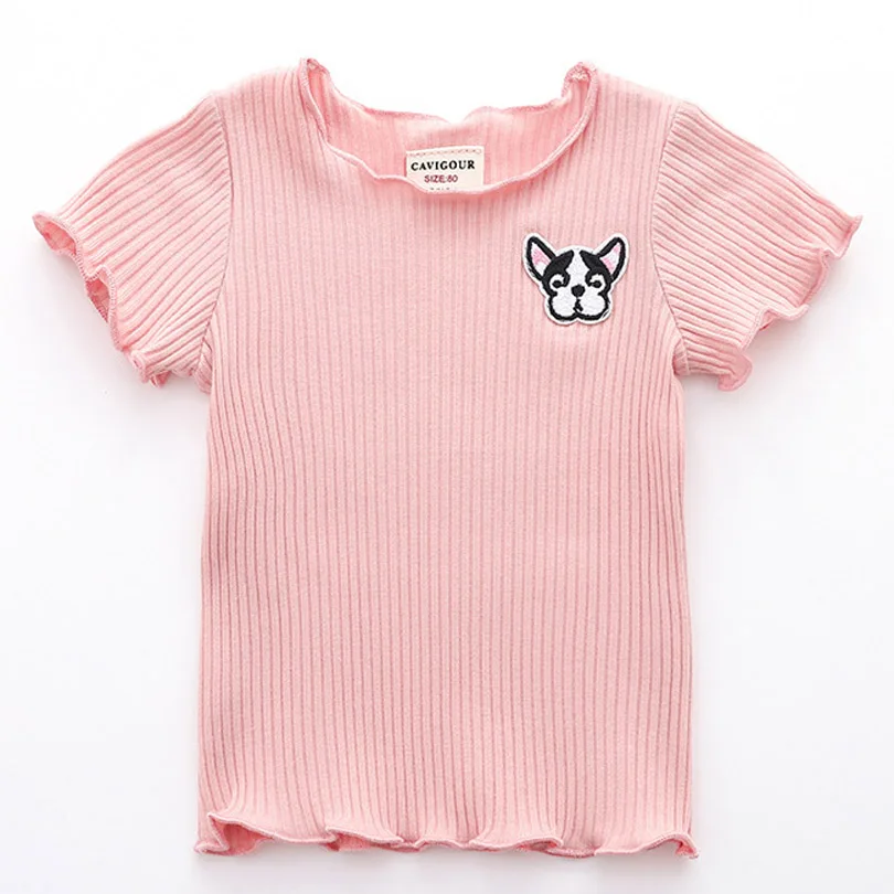 Новые брендовые хлопковые топы с короткими рукавами для маленьких девочек, футболка с ребрами, летняя одежда с оборками для малышей рубашка с вышивкой, От 1 до 6 лет
