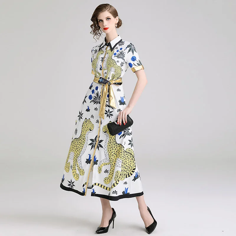 

Women Summer Dress Lapel Short Sleeve Animal Floral Print Shirt Dress Casual A-Line Party Long Dresses Vestidos de fiesta