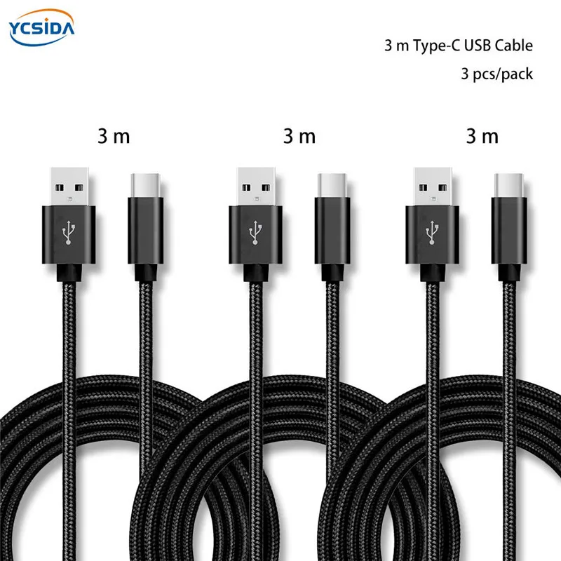 Золото 3 м 3 шт./упак. 5 V 2.4A USB C для передачи данных в нейлоновой Зарядное устройство кабель для samsung S10/LG G6/huawei mate 20/xiao Mi 8/OPPO R17/vivo NEX кабель