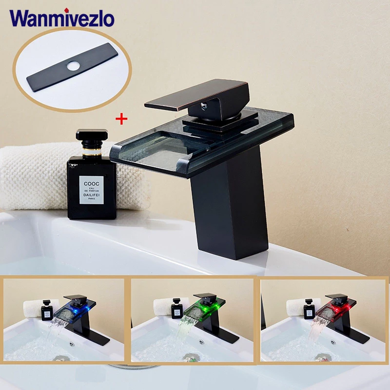 

Bathroom Basin Waterfall Faucet LED Color Changing Square Mixer Tap Deck Mounted Single Hole Cold and Hot Water