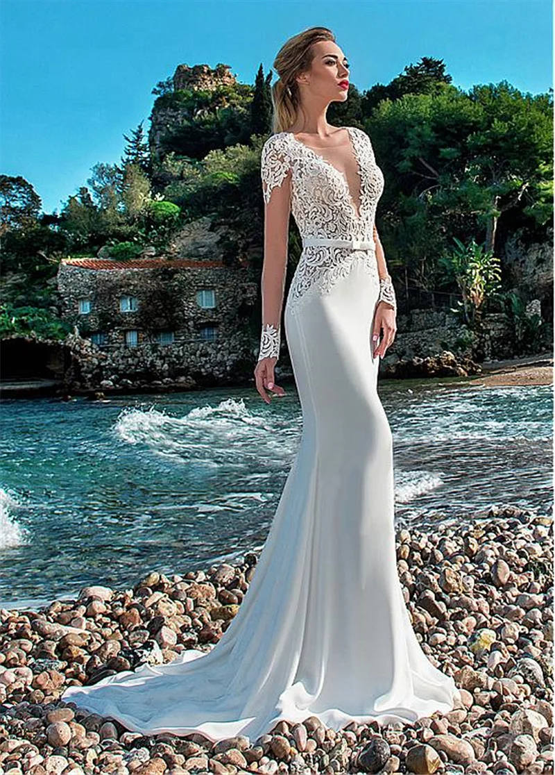 

LORIE Sexy Mermaid Wedding Dress Long Sleeves Lace Appliqued Illusion Back Boho Wedding Gown Long Train Bride Dress