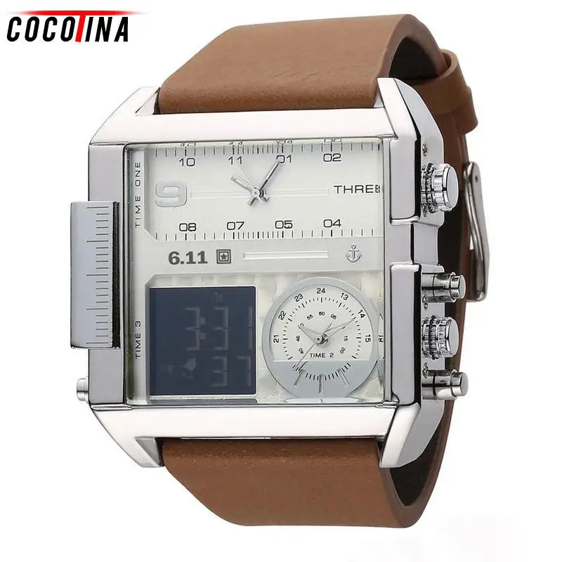

Cocotina Luminous Square Men Watch Multiple Time Zone Quartz Watches Mens Leather LED Wristwatch Waterproof Relogio Masculino