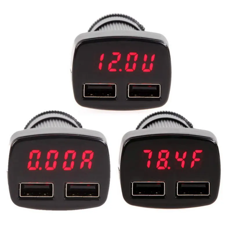 

4 In 1 Dual USB Car Charger Adapter Voltage Temperature And Current Meters