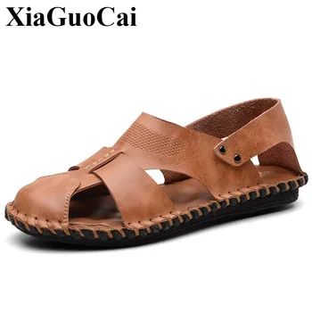 

Summer Men Sandals Genuine Leather Slip-on Casual Shoes Hollow Breathable Sneakers Beach High Quality Flat Leisure Shoes