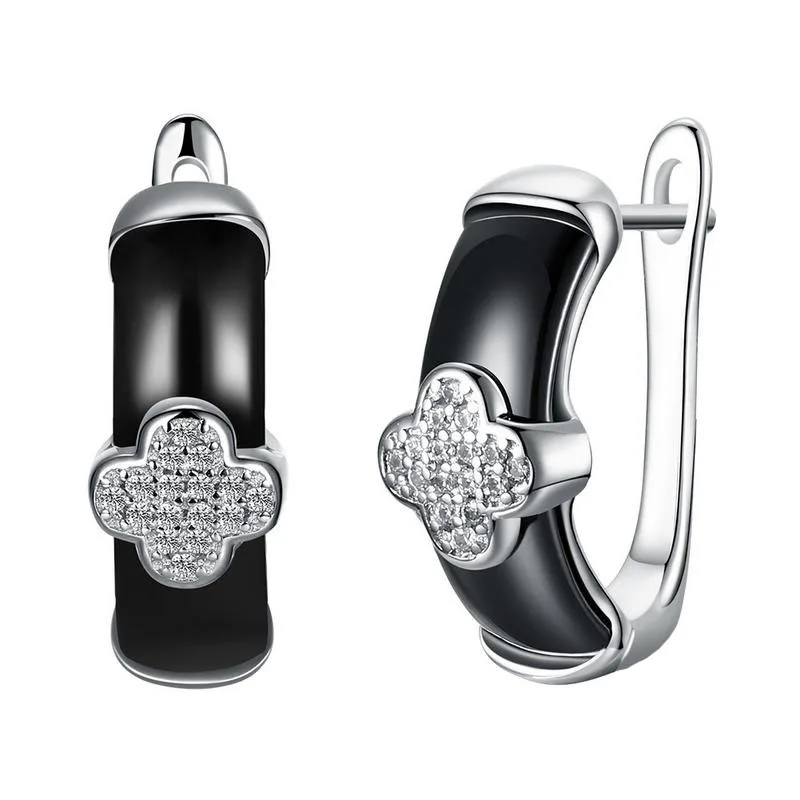 

Four Leaf Clover CZ Black Ceramic 925 Sterling Silver Earrings