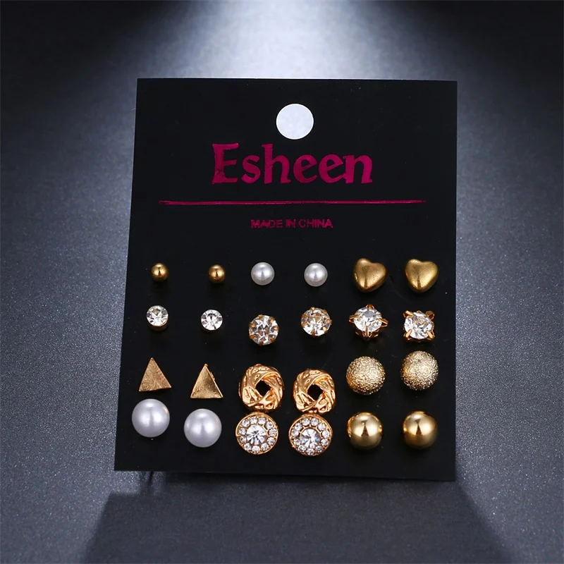

12 pairs /set crystal square heart-shaped earrings female models perforated simulation pearl flower earrings statement girl gift