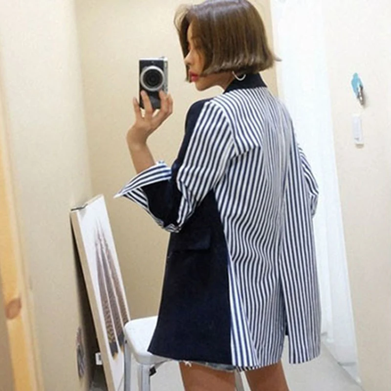 GALCAUR Striped Blazer For Female Patchwork Long Sleeve Double Breasted Women's Jacket OL Autumn Fashion Clothing Casual GALCAUR Striped Blazer For Female Patchwork Long Sleeve Double Breasted Women's Jacket OL Autumn Fashion Clothing Casual