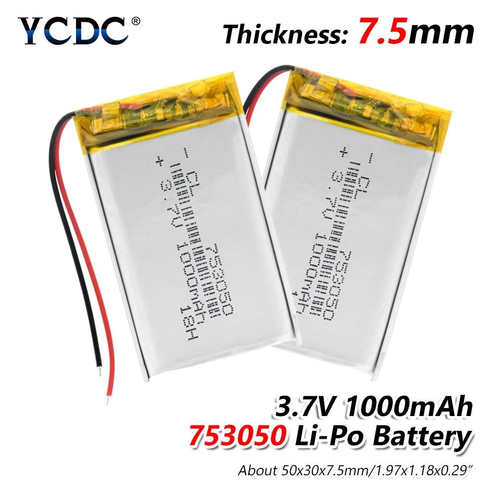 

1/2/4x Large Capacity 1000mAh 753050 Li-ion Polymer Lithium Battery 3.7V Volt Rechargeable 1000mAh Lipo Battery Replacement Cell