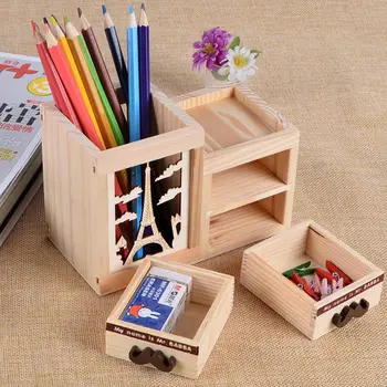 

Coloffice Wooden Pen Holder Fashion Creative Hollow With Drawer Desktop Wooden Storage Box Student Stationery Office Supply 1PC