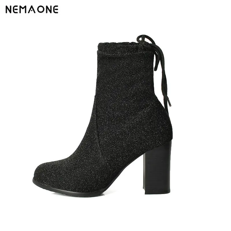 

NEMAONE Women Ankle Boots Plus Size 34-43 High Square Heels rouned Toe New Female Fashion Woman Shoes Black Brown gray