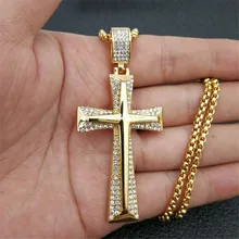 Cruz de acero inoxidable collares de los hombres colgantes con cadena Hiphop Color oro helado diamantes de imitación Bling joyería cristiana(China)