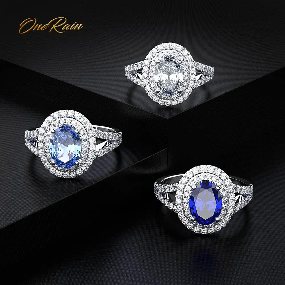 

OneRain Luxury 100% 925 Sterling Silver Oval Aquamarine Sapphire Gemstone Wedding Engagement Diamonds Ring Jewelry Wholesale