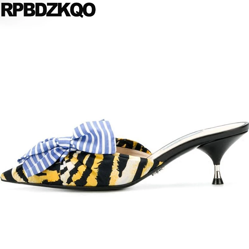 

Bow High Quality Sandals Runway Kitten Multi Colored Genuine Leather Mules Slipper Pointed Toe Designer Women Luxury 2018 Shoes