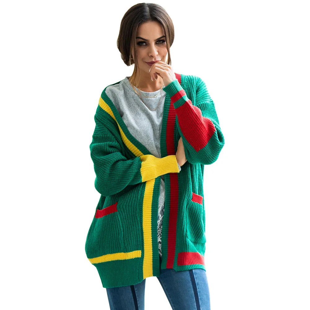 Color Block Patchwork Cardigan Sweater Women Casual Contrast Color Long