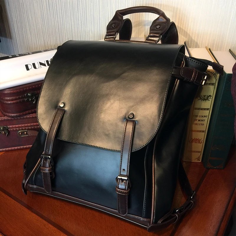 

ETONWEAG New 2017 men famous brands cow leather vintage multi-functional travel school bags black hasp preppy style backpacks