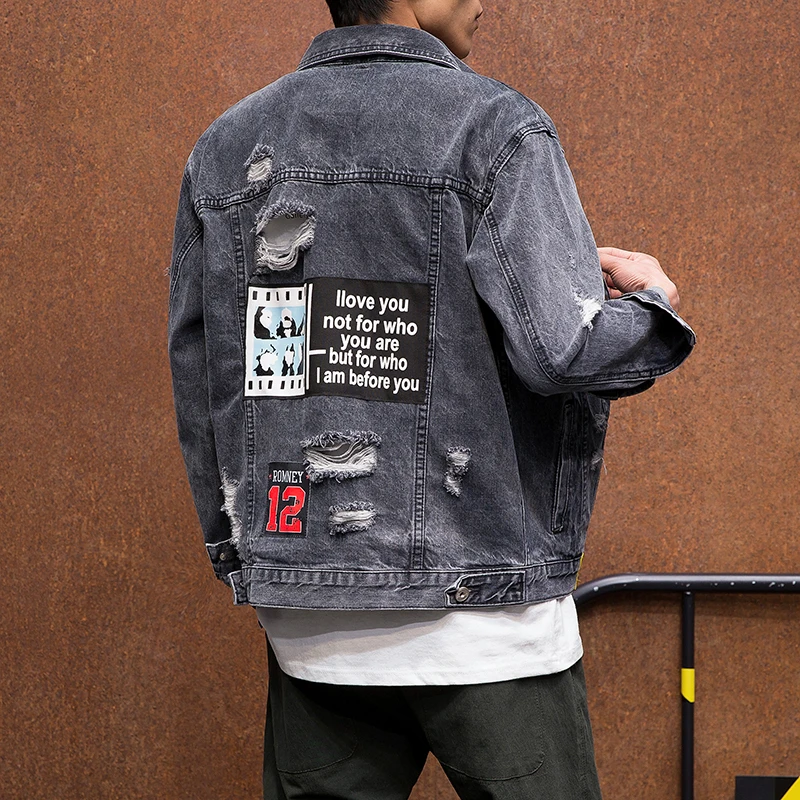High Quality Men Holes Gray Denim Jackets Casual Jean Coats New Fashion