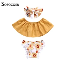 SOSOCOER/летние комплекты одежды для маленьких девочек топы с открытыми плечами, шорты повязка на голову с цветочным рисунком, 3 предмета, повседневная одежда для младенцев с подсолнухом