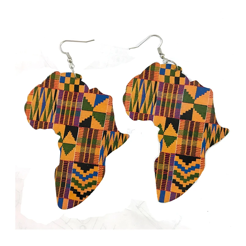 

Natural Raw Wood Africa Map Colorful Triangle Geometric Afro Yiwu Earrings Vintage Summer Party Jewelry Wooden DIY Accessory
