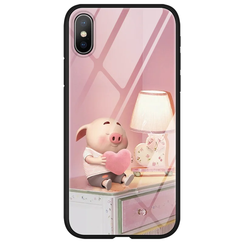 Luxury Tempered Glass Phone Case For iphone X 11 Pro XS Max XR 10 6 6S 7 8 Plus Pig Small Fart Cute Case For iphone XS Max Coque