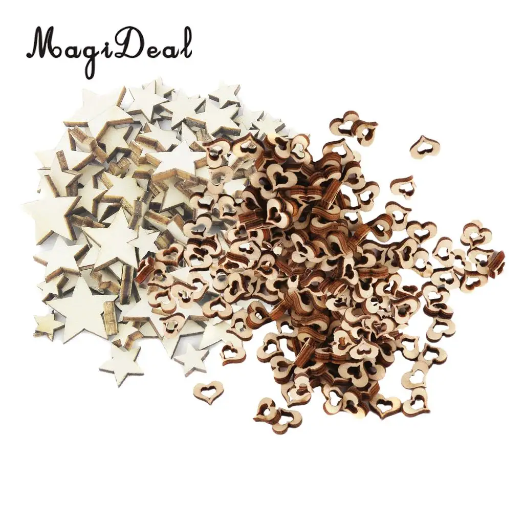 200pcs Rustic Wood Slices Wood Heart Embellishment Star Shapes Wedding Decoration Centerpieces Table Ornaments