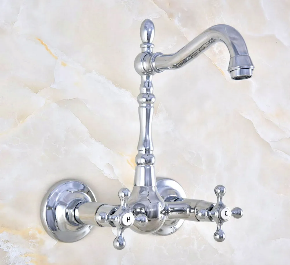 

Modern Polished Chrome Brass Wall Mounted Bathroom Basin Kitchen Sink Faucet Swivel Spout Mixer Tap Dual Cross Handles anf582