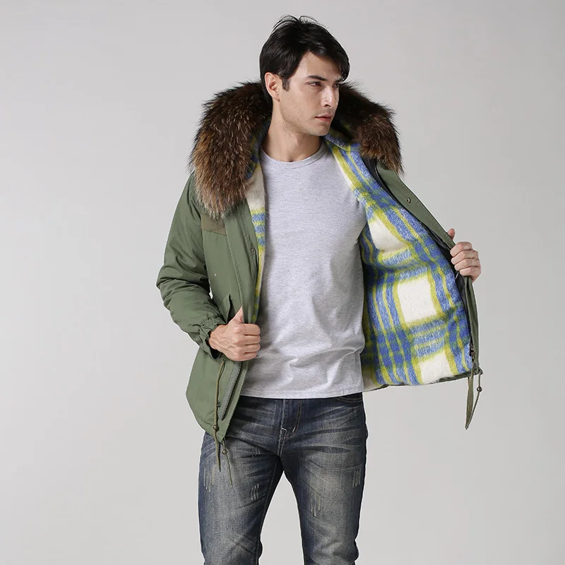

2017 Mens Plus Size Short Style Blue Lattice Parka Cashmere Jacket With Real Raccoon Collar For Male